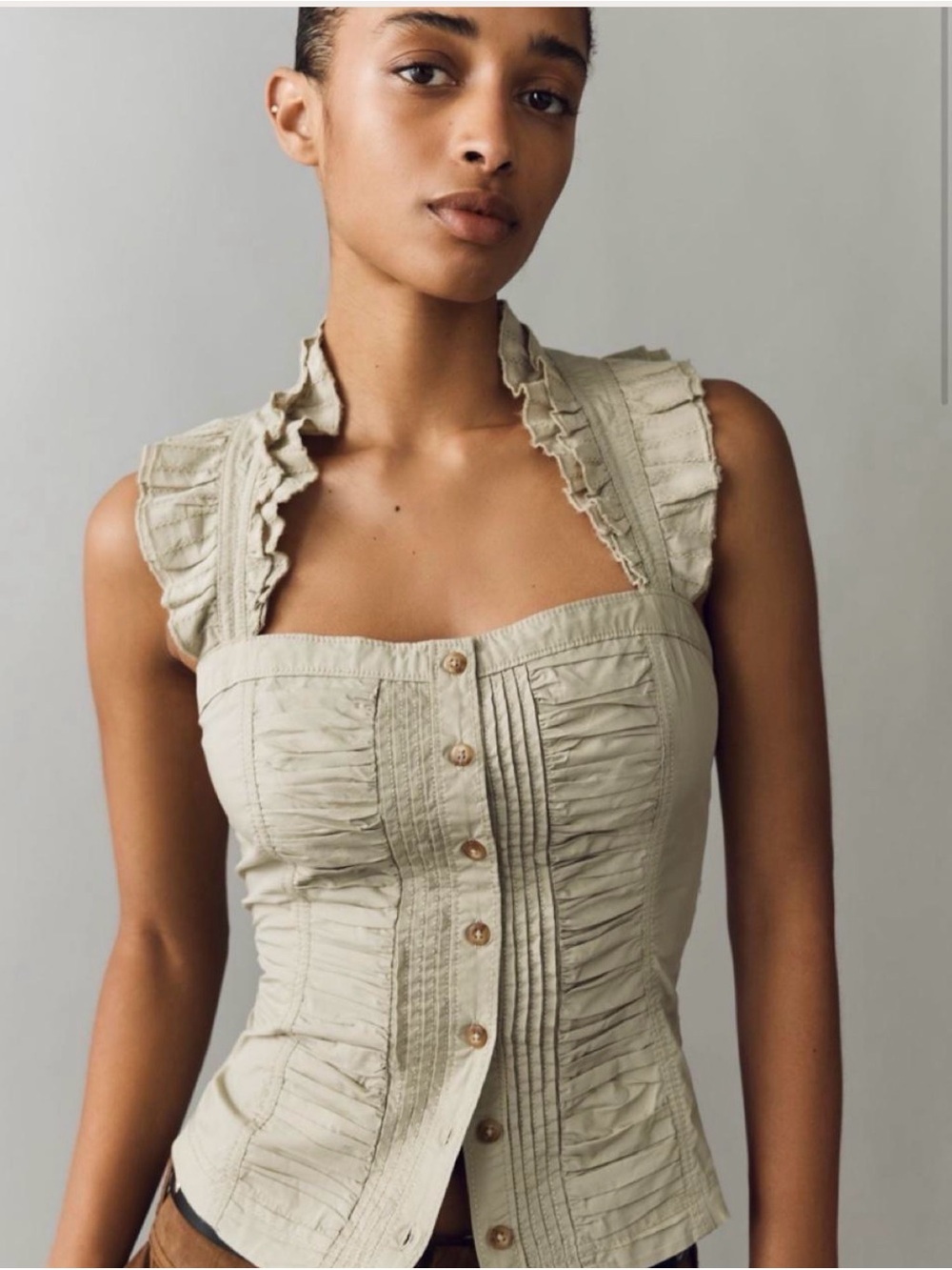 Anthropologie PilcroSleeveless Ruffle-Trim Button Front Blouse